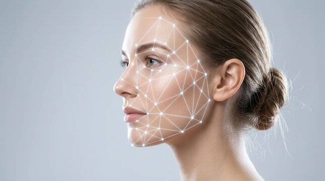 Connected lines and dots forming face muscle shapes in a futuristic facial scan of a beautiful woman for skincare and cosmetic profile treatment