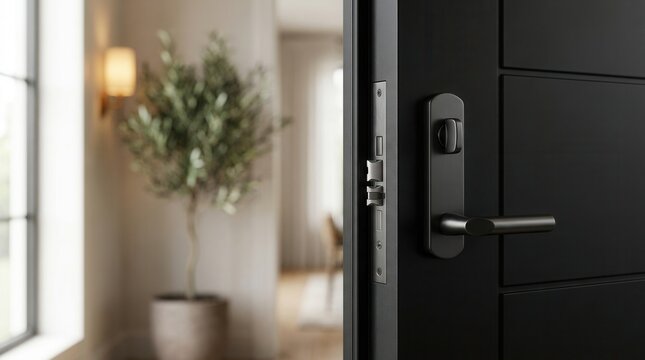Home privacy and security concept showing a modern black armored apartment door slightly open.