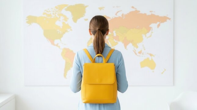 Student professional with a yellow backpack studying a world map for a study abroad internship.