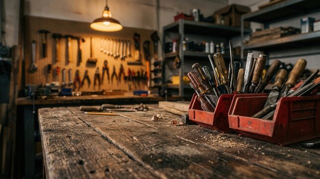 Organized tools on a wall and supplies on shelves in the background of a rustic wooden table surface workshop.