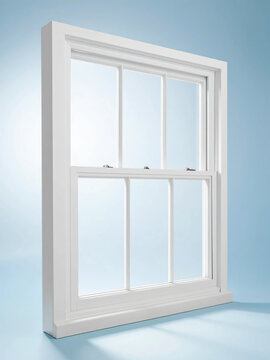 Classic white double-hung sash window with glass panes on a light blue background