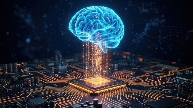 Cybernetic interface shows ai development and data transfer between a glowing digital brain and computer chip.