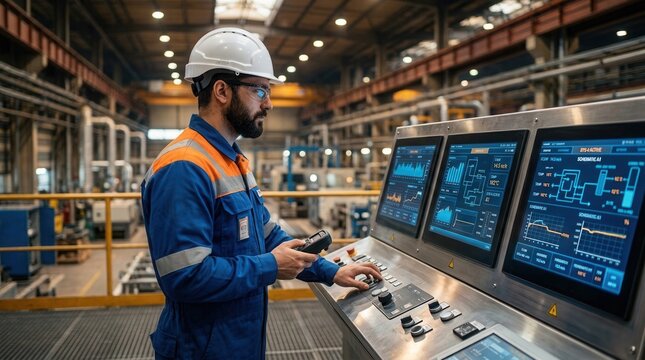 Man wearing a safety vest and hard hat monitors multiple screens on a control panel inside a large industrial building.