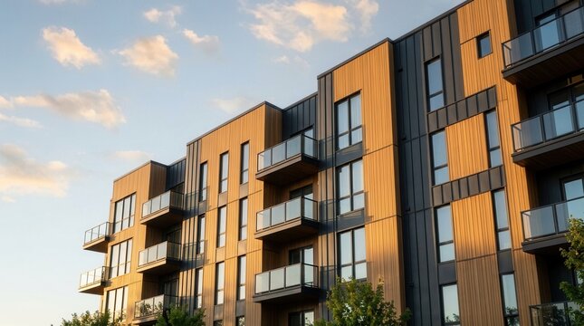 Residential structure in an urban area showing a contemporary multifamily building facade with wood and dark siding.