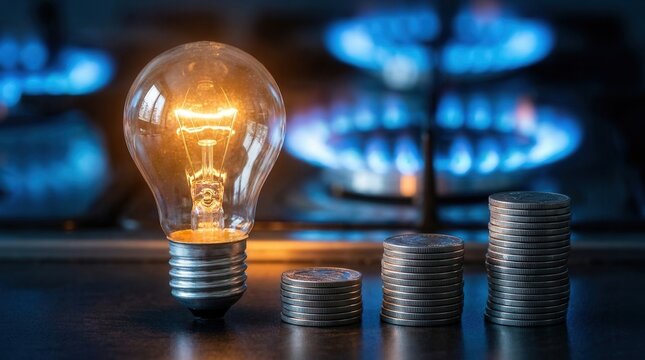 Energy saving, sustainability and ecology concept with a lit gas cooker, glowing light bulb, and stacks of coins.