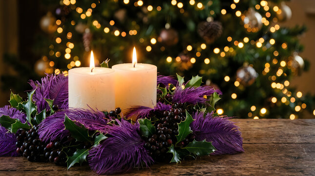 Advent wreath with lit candles and christmas tree bokeh christmas tradition