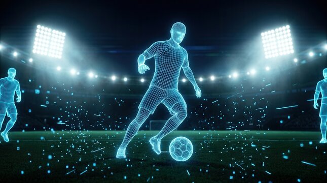 Sports analytics tech concept featuring soccer players as glowing blue wireframes moving on a stadium field at night.