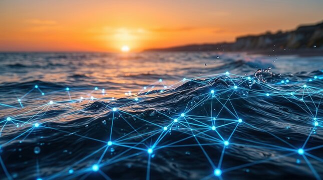 Blue lights connect across the water surface reflecting an orange sky.