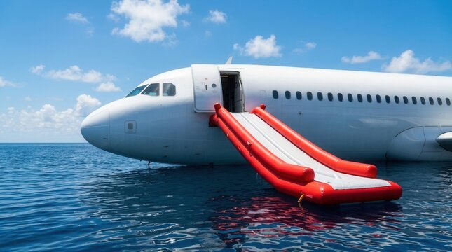 Aviation incident scene featuring an airplane emergency evacuation slide deployed on calm ocean water.