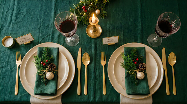 Elegant christmas table setting with green linen and gold cutlery, christmas