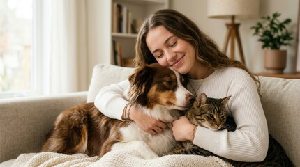 Naklejka na ściany i meble A warm, caring moment in a cozy home setting with a woman and her pets.