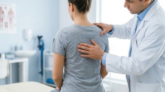 Hands palpate shoulders and back muscles as doctor examines woman upper back and spine.