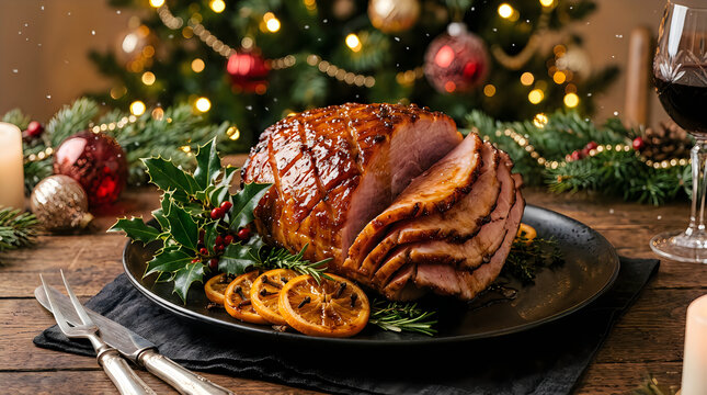 Glazed christmas ham roast served for holiday dinner with christmas, traditional