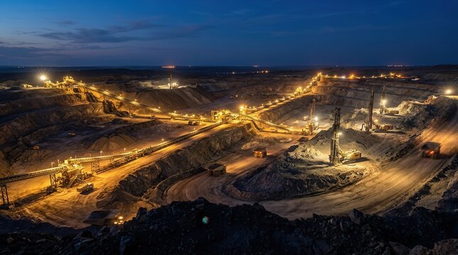 Nighttime operations at a vast open pit mine featuring massive ore piles, conveyor belts, and mining trucks under a deep blue sky.