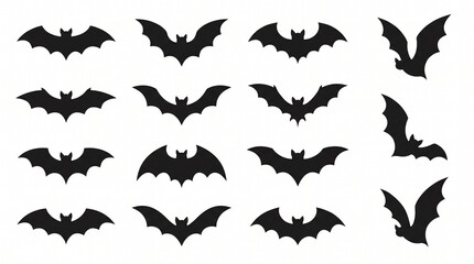 Fototapeta premium Halloween bat silhouettes set, black flying bats collection on white background, spooky animal icons for holiday decor