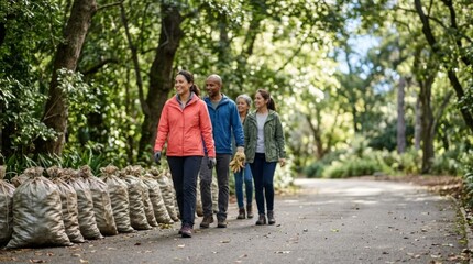 Fototapeta premium Volunteers walking with trash bags after park cleanup, promoting community action and environmental care