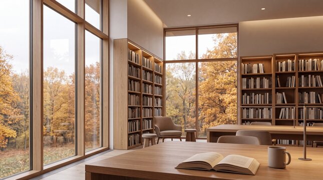 Cozy Library with Autumn View