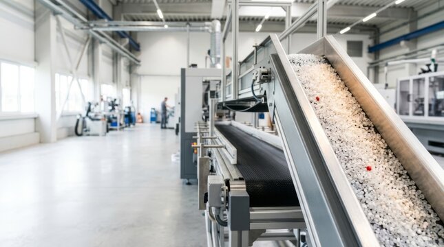Plastic granules move on a conveyor belt in a modern, bright factory, highlighting automation and industrial production processes.