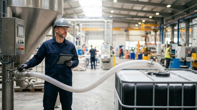 Industrial worker with tablet monitors bulk material transfer from silo to IBC tote in modern factory
