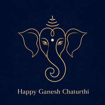 Minimal lord ganesha golden line art symbol on dark blue mandala background for ganesh chaturthi greeting and traditional lord ganesha puja celebration