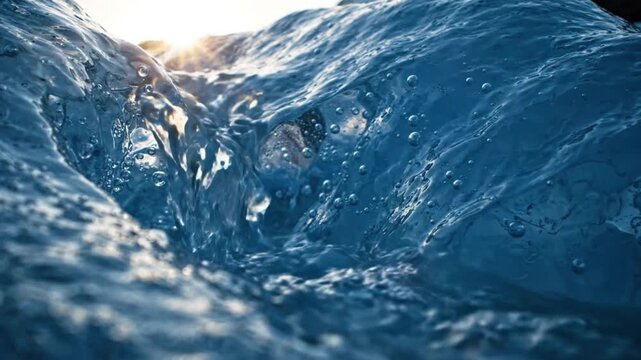 Clear liquid splashing into a turbulent pool of blue water creating energetic bubbles and refreshing motion within this high definition video clip showing natural fluid dynamics and bright sunbeams hi