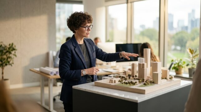 Architect presents urban development model to clients in modern office with natural light, showcasing city block design concept