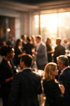 Blurred image of diverse people networking at a social event.