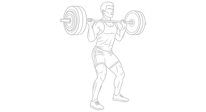 Weightlifter performing a barbell squat detailed black and white vector illustration