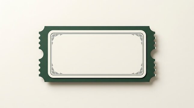 Blank green vintage admission ticket with decorative border on white background