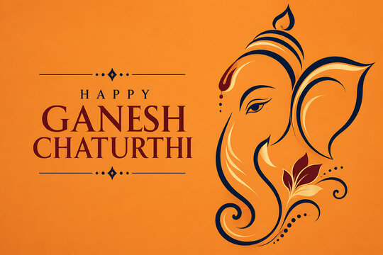 Ganesh chaturthi lord ganesha puja minimalist elephant deity line art on orange background traditional hindu festival greeting card decorative illustration design artwork
