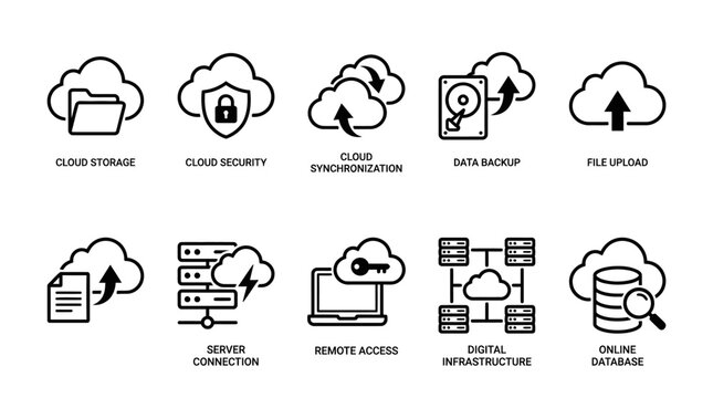 Cloud computing storage and secure server network connection outline icons presenting database backup infrastructure.