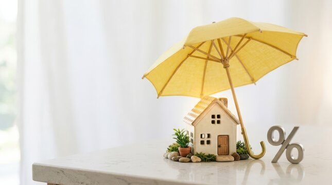 Miniature house protected by umbrella with percent symbol, symbolizing secure mortgage rates and financial safety