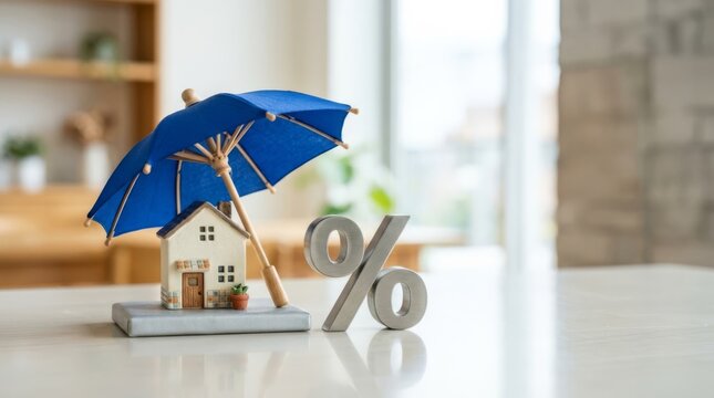 Tiny house under blue umbrella with percent symbol, symbolizing protected mortgage rates and real estate investment security