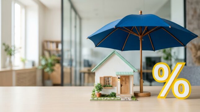 Protected mortgage terms concept: miniature house under umbrella with percent sign for advertising