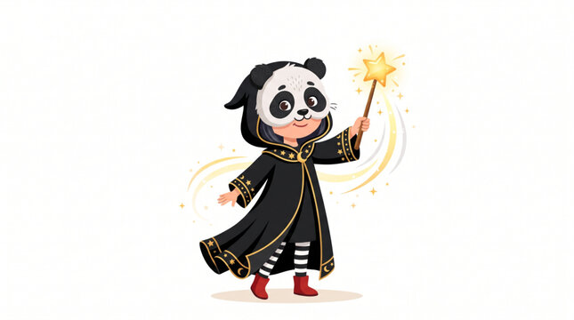 Girl in panda mask and wizard cloak with magical aura