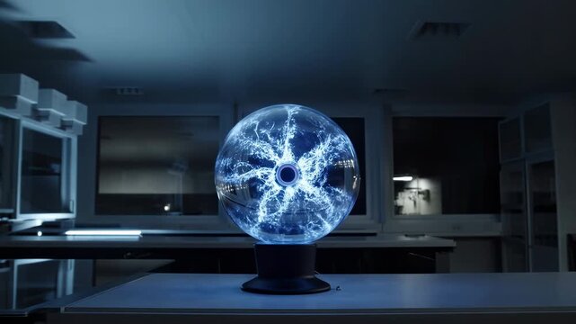 Plasma globe sends shifting blue-white electrical filaments across a clear glass sphere on a dark base, glowing on a worktable inside a dim room with cabinets and windows