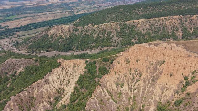 Aerial view of the valley below the Stob Pyramids, Bulgaria