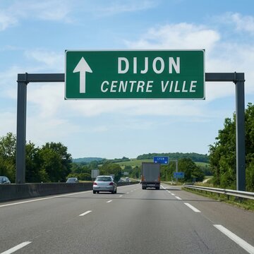 Highway Road Sign To Dijon Centre Ville With Green Landscape Background