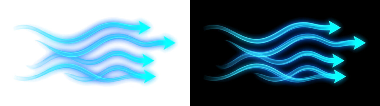 Glowing blue energy wind arrows overlay on pure black background