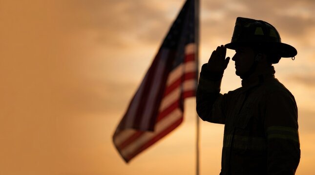 Firefighter salutes American flag at sunset honoring heroes for remembrance day solemn tribute.