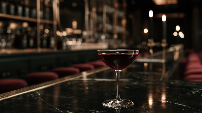 Red cocktail in elegant coupe glass on glossy black marble bar inside a luxurious dark lounge with warm ambient lighting and sophisticated atmosphere