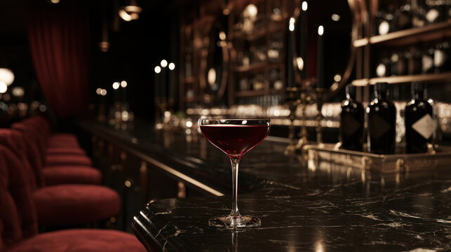 Elegant red cocktail in coupe glass on black marble counter inside a luxurious dark bar with warm ambient lighting, red seating and sophisticated decor