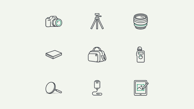 Camera gear icon collection for photography hobbyists &ndash; Great for gear guides, rental shop pages, or photo course materials