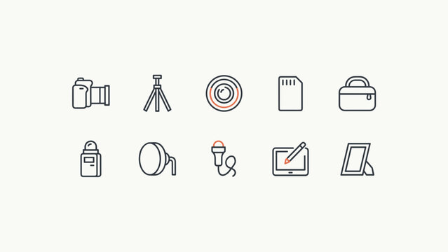 Photography equipment thin line icon set &ndash; Perfect for photo studio websites, camera blogs, or workshop promotions