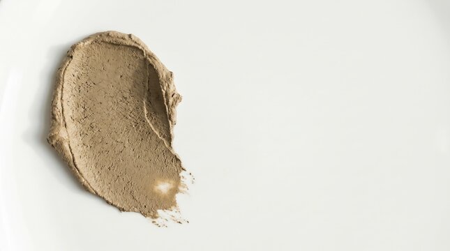 Thick smear of organic brown mud mask featuring a dense gritty texture captured in bright studio lighting with high resolution detail on a white surface area.