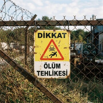 Hazardous Danger Warning Sign On Barbed Wire Fence