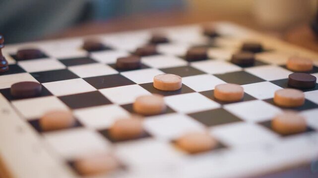 Close up of checkers board with game pieces arranged in mid game positions. wooden checkerboard features alternating black and white squares while round brown and beige tokens are placed