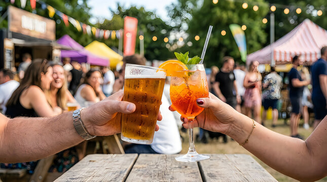 Friends holding drinks making a toast at an outdoor summer festival