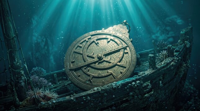Ancient bronze astrolabe on a sunken shipwreck underwater with sunbeams
