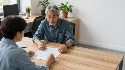 Obraz premium Two Colleagues of Different Ages Discussing a Printed Plan at a